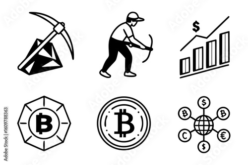 Bitcoin Mining Trading and Global Cryptocurrency Network Icons.