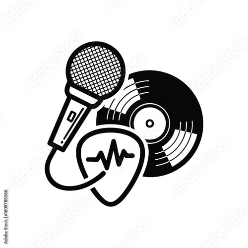 Vintage Audio Heartbeat. Classic microphone, spinning vinyl disk, and melodic pick. Represents passion for acoustic rhythm and performance.
