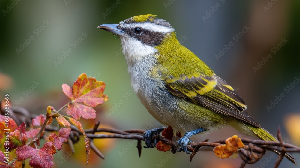 Fototapeta premium Colorful bird on autumnal barbed wire