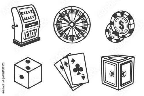 Casino Game Icons Collection Slot Machine Roulette Dice Cards Chips Safe.