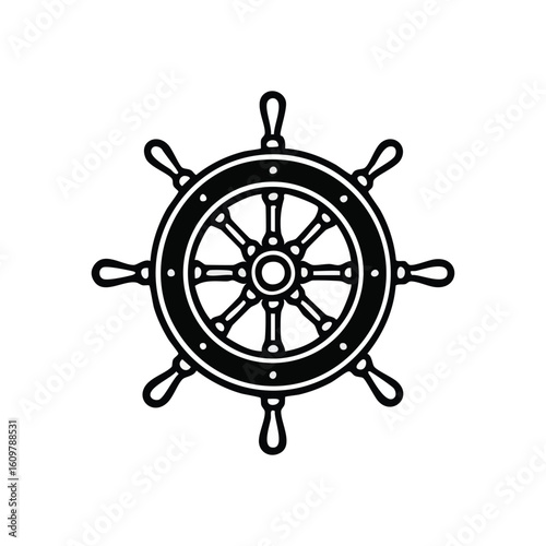 Ship's Helm Silhouette. White ship's wheel on a stark black background. Represents guidance, adventure, and the spirit of maritime exploration.