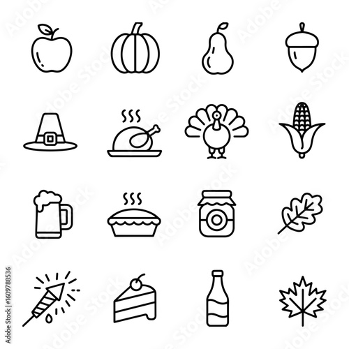 Collection of thanksgiving themed icons including food and symbols For Thanksgiving Vector Design