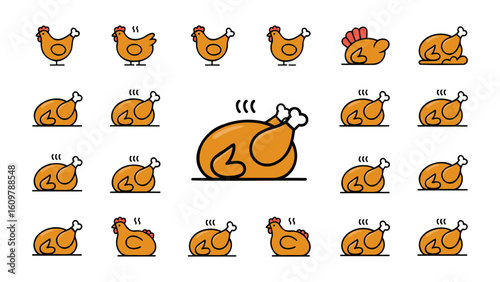 Collection of cartoon chickens and cooked turkey illustrations set For Thanksgiving Vector Design