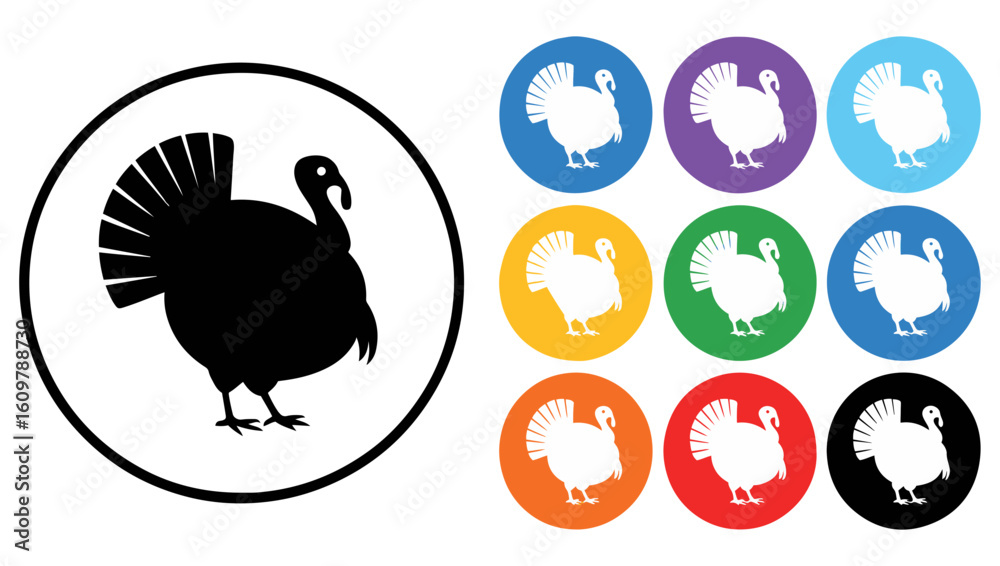 Illustration of turkey icons in various colors and black silhouette For Thanksgiving Vector Design Illustration of turkey icons in various colors and black silhouette For Thanksgiving Vector Design