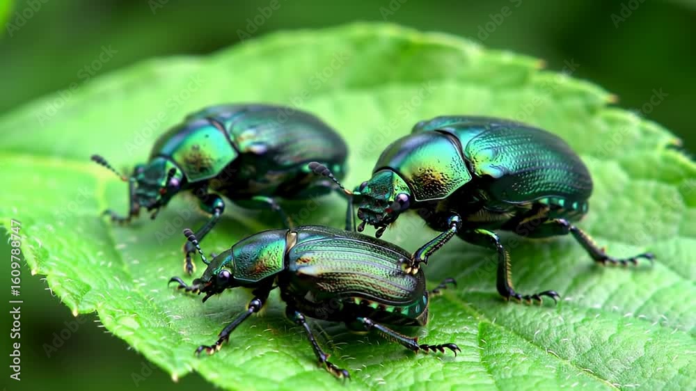 Three iridescent beetles with black legs crawl on a vibrant green leaf in macro shot Three iridescent beetles with black legs crawl on a vibrant green leaf in macro shot