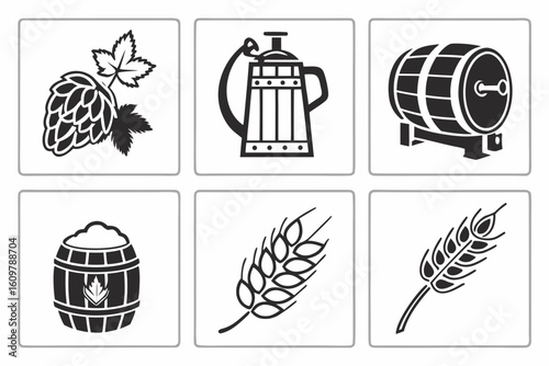 Collection of Icons Representing Beer Ingredients and Equipment.