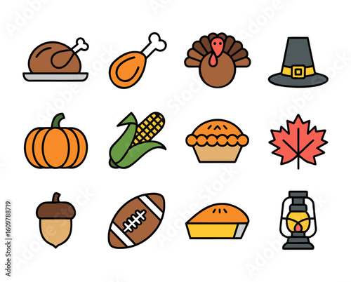 Illustration of thanksgiving themed icons including turkey and food For Thanksgiving Vector Design