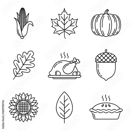 Illustration of thanksgiving themed icons including food and leaves For Thanksgiving Vector Design