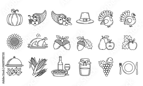 Illustration of thanksgiving themed objects in black and white line For Thanksgiving Vector Design