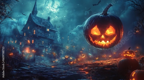 Eerie halloween night scene with glowing pumpkins spooky haunted house and a dark blue sky photo