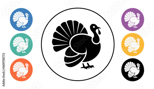 Illustration of turkeys in various colors and a central turkey icon For Thanksgiving Vector Design