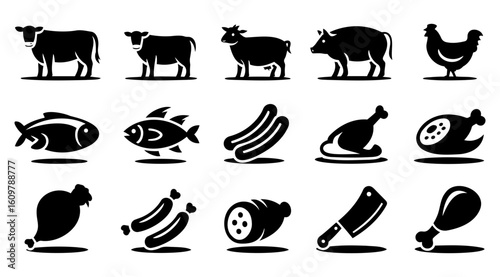 Illustration of various types of meat and fish in black silhouette For Thanksgiving Vector Design