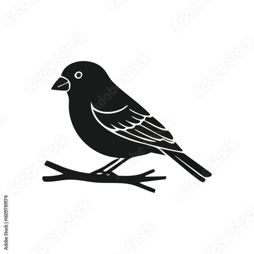 Minimalist Black Bird on Branch. Graphic depiction of a dark avian creature perched on a woody limb. This stark, iconic design evokes feelings of quietude, resilience, and natural serenity.