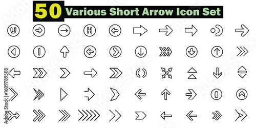 Collection of 50 Black Outline Arrow Icons on White Background navigation