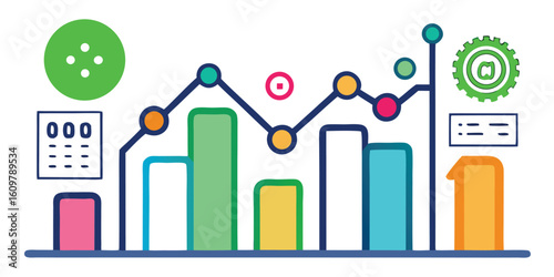 Colorful bar graph with data icons and line chart bar chart statistics