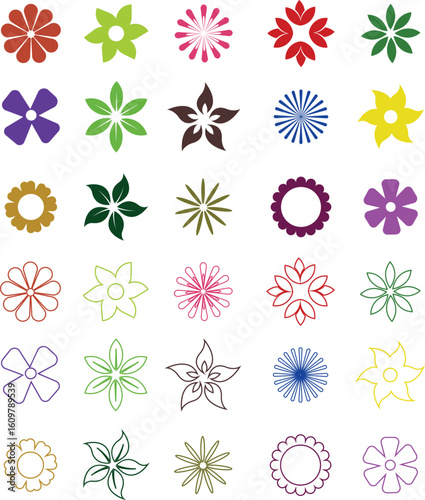 Flower Icons Vector Set, Collection and Group, Decorative Floral Silhouettes, Petals, Blossom, Botanical Minimal Flat Line Style, Monochrome and Colorful Graphic Bundle for Nature, Garden and Spring D