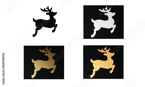 A minimalistic reindeer silhouette icon set in gold black and white variations Perfect for Christmas greeting cards  festive decorations winter holiday designs and seasonal merchandise