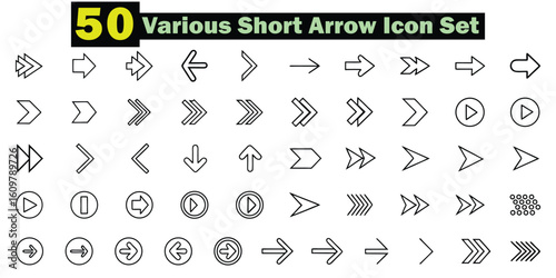 Fifty various short arrow icons in black outline on white background collection direction