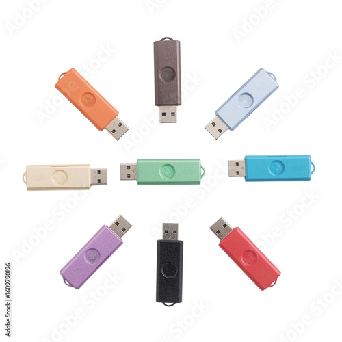 Vibrant collection of colorful USB flash drives arranged in a radial pattern, showcasing modern portable data storage solutions for everyday use.