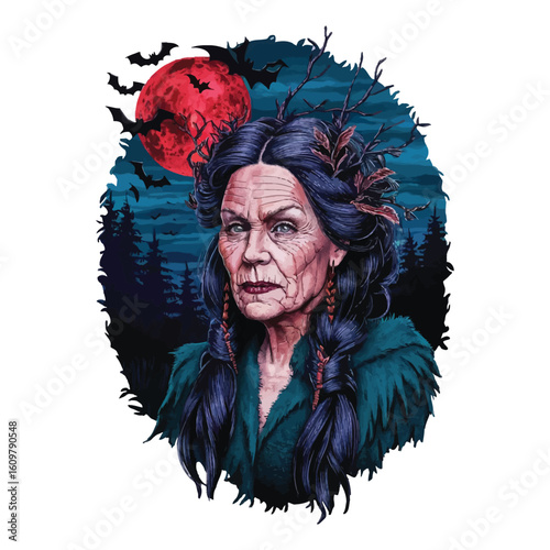 "Witch", in a stylized, Gothic-like font, appears prominently in the foreground. Portrait of an elderly woman