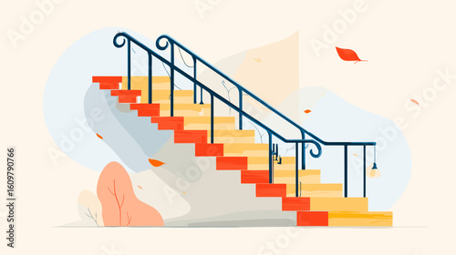 Colorful staircase with decorative railing in minimalist style  