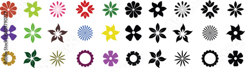 Flower Icons Vector Set, Collection and Group, Decorative Floral Silhouettes, Petals, Blossom, Botanical Minimal Flat Style, Monochrome and Colorful Graphic Bundle for Nature, Garden and Spring Design