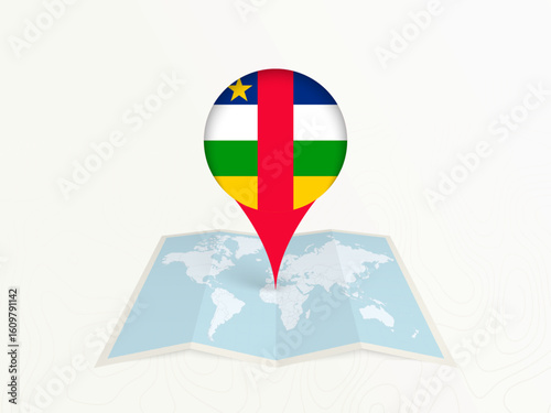 Central African Republic Map Pin with National Flag on Open World Map.
