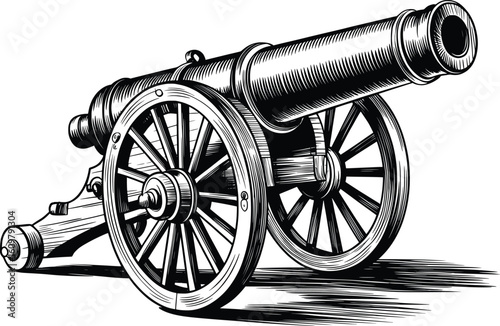 Vintage Cannon Illustration, Historic Artillery Gun Drawing for Military and War Decor.

