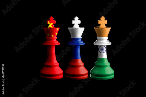 russia india and china flags paint over on chess king. RIC 3D illustration.
