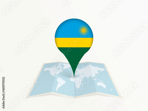 Rwanda Map Pin with National Flag on Open World Map.