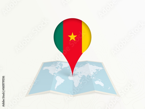 Cameroon Map Pin with National Flag on Open World Map.