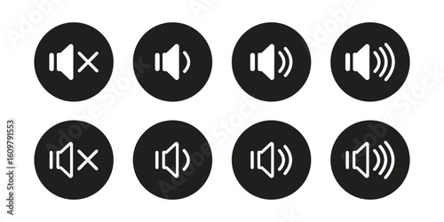 Volume Control Icons: Mute, Low, Medium, High Sound Level Symbols in Minimalist Black and White Style.
