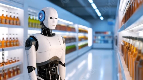 Wallpaper Mural Futuristic Robot Exploring Supermarket Aisles, AI Shopping Concept Torontodigital.ca