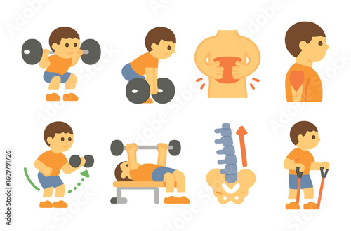 Kids' Strength Exercises Icons. Flat vector mini-illustrations Strength training posture in colors children's