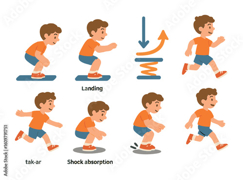 Jumping Techniques for Kids. Flat vector mini-illustrations Jumping and landing technique in colors children's