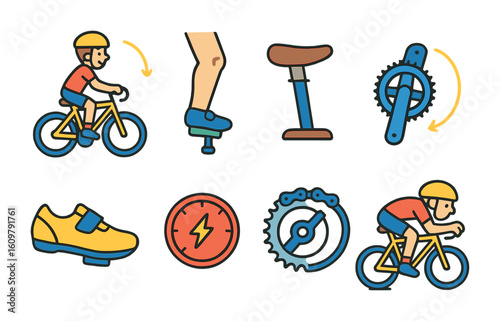 Cycling Biomechanics Icons. Flat vector mini-illustrations Cycling biomechanics in colors children's