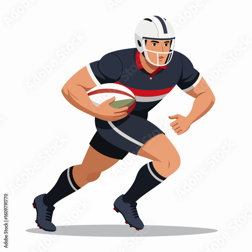 A rugby player in motion, carrying the ball,  exhibits athleticism and focus.