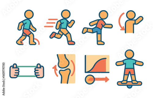 Kinetics for Kids. Flat vector mini-illustrations Kinetics and movement mechanics in colors children's