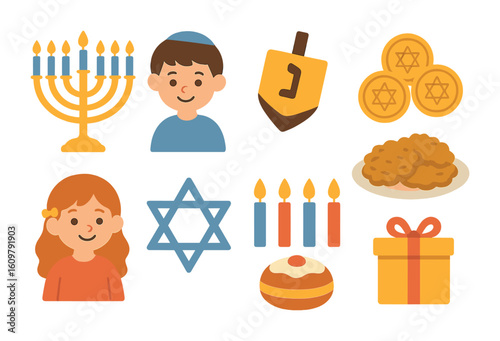 Hanukkah Icons for Kids. Flat vector mini-illustrations Hanukkah with children in colors children's