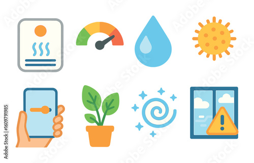 Air Quality App Icons. Flat vector mini-illustrations adjusting air quality with app in colors children's