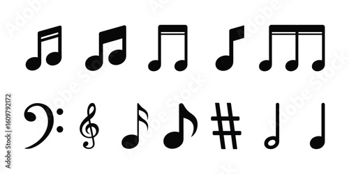 Simple Black Musical Note Icons: Treble Clef, Bass Clef, Sharp, Flat, and Eighth, Quarter, Half, and Whole Notes Vector.