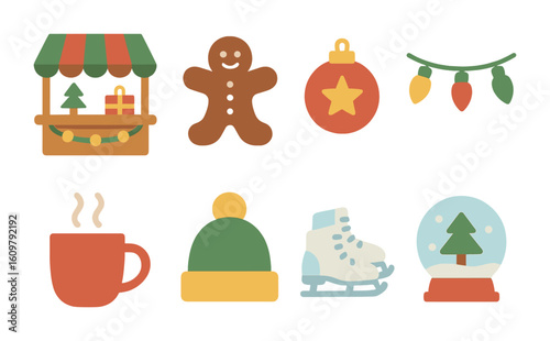 Christmas Market Icons. Flat vector mini-illustrations Christmas market trip in colors children's