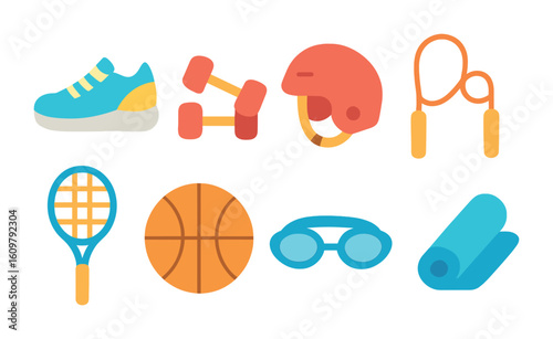 Colorful Sports Icons. Flat vector mini-illustrations Sports gear and equipment in colors children's