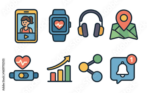 Children's Fitness Tech Icons. Flat vector mini-illustrations Fitness technology and apps in colors children's