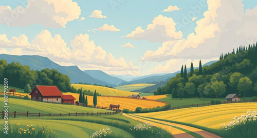 Rustic scenery, Farming landscape, Harvest field, Pastoral scene, Barn and field, Rolling hills, Tractor in field, Wheat field, Open farmland, Nature countryside, Meadow landscape, Village houses, Pea