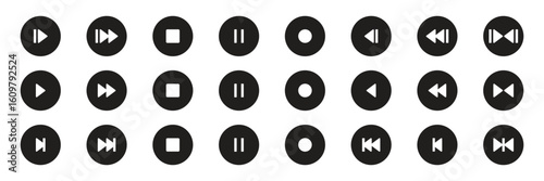 Modern Minimalist Black and White Media Player Control Icons Set Vector.