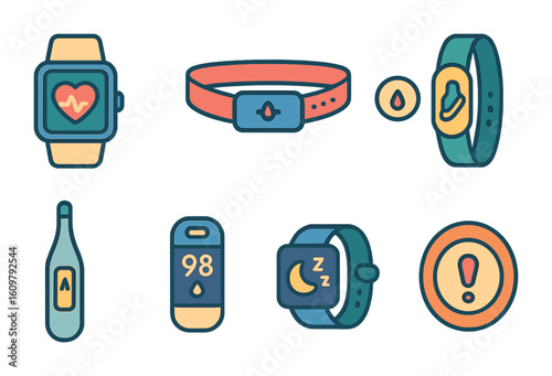 Children's Health Gadgets. Flat vector mini-illustrations Medical wearables and gadgets in colors children's