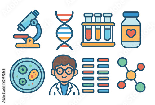 Child-Friendly Science Icons. Flat vector mini-illustrations Medical research and development in colors