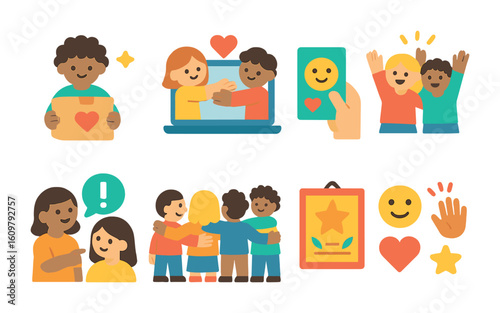 Social Support Icons. Flat vector mini-illustrations Social media friendship support actions in colors