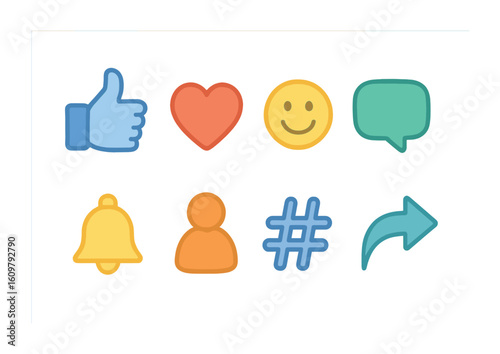 Colorful Social Media Icons. Flat vector mini-illustrations Social media friendship icons in colors children's